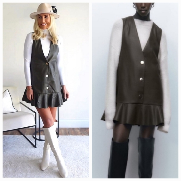 Zara Dresses & Skirts - ZARA FAUX LEATHER RUFFLED PINAFORE DRESS  SIZE S
